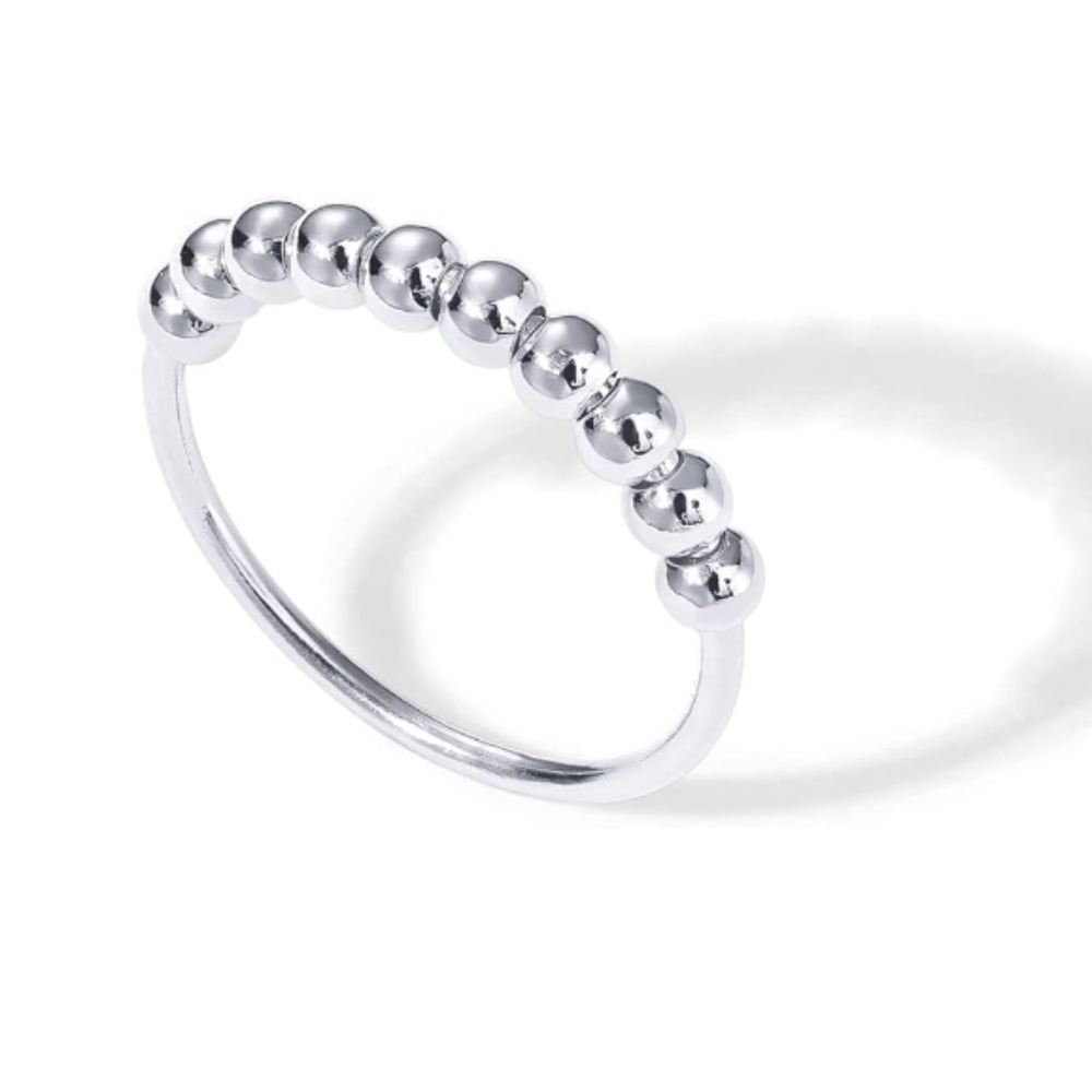 14K Gold Plated Spinner Anxiety Bands with Beads Ring In White Gold
